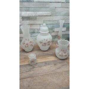 5 Piece Vintage Viking Art Glass CRYSTAL MIST Satin/Frosted Hand Painted…